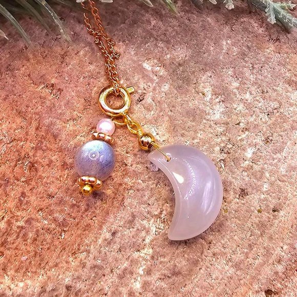 Beautiful Nature Moon Stone Crescent Moon & Labradorite Accent Pendant Necklace - Picture 5 of 10